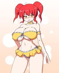 1girls armband bare_shoulders bikini blush breasts choker collarbone embarrassed eyebrows_visible_through_hair female female_only frills large_breasts looking_at_viewer nervous open_mouth original paulgq red_hair short_hair solo solo_female standing tied_hair tubetop twintails yellow_eyes