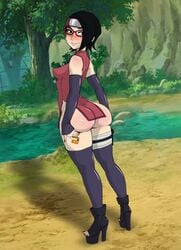 1girls ass big_ass big_butt blush boruto:_naruto_next_generations breasts colored condom eye_contact female female_only glasses legoman looking_at_viewer naruto naruto_(series) risenhentaidemon sarada_uchiha short_hair sideboob small_breasts solo standing thick_thighs