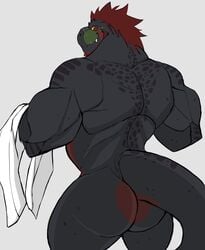 1boy 2021 anthro ass back_muscles beard big_butt big_muscles darknaigart dinosaur facial_hair hair hi_res looking_at_viewer looking_back looking_back_at_viewer male male_only muscular muscular_anthro muscular_male nude rear_view reptile scalie scar simple_background smile solo standing tagg theropod towel tyrannosaurid tyrannosaurus tyrannosaurus_rex white_background