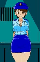 1girls 2d big_breasts blush breasts brown_eyes brown_hair cleavage clothed fukei_(jermaneels) game_cg jermaneels large_breasts miniskirt pixel_art police police_hat police_uniform policewoman skirt smile strip_rock-paper-scissors_-_police_edition thick_thighs thighs uniform