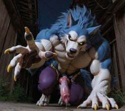 1anthro 1boy abs ai_generated anthro balls bara biceps big_balls big_penis blue_body blue_fur canid canine canine_genitalia canine_penis canis cum darkstalkers ejaculation erection fangs furry gay grin jon_talbain knot male male_only masturbation muscular muscular_male outdoors pecs penis precum reaching_out reaching_towards_viewer realistic solo veiny_penis werewolf wolf yellow_eyes
