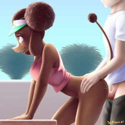 1boy 1boy1girl 1girls 2021 anthro bent_over bodily_fluids bottomless brown_body brown_fur brown_hair butt canid canine canis clothed clothing devo87 digital_media_(artwork) dog domestic_dog duo eyebrows eyelashes faceless_male female female_anthro female_focus female_penetrated fingers from_behind furry genital_fluids genitals hi_res human human_on_anthro interspecies male male/female male_human/female_anthro male_on_anthro male_penetrating male_penetrating_female mammal motion_lines penetration penis poodle sex shirt side_view solo_focus straight tail tennis_uniform topwear vaginal_penetration