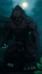 abs animal_genitalia anthro balls big_balls big_muscles black_body black_fur blue_eyes canid canine canis diaszoom forest fur genitals hi_res looking_at_viewer male mammal moon muscular nipples nude pecs penis penis_tip plant sheath solo tree wolf