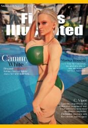 artist_name bikini bimbo bimbo_body bimbo_lips blonde_hair blue_eyes cammy_white commission fake_breasts honeyboy3d implants looking_at_viewer magazine_cover poolside self_upload street_fighter text