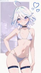 1girl 1girls ahoge ass_visible_through_thighs bangs bare_arms bare_shoulders bikini bikini_bottom bikini_top black_choker blue-eyed_female blue_eyes blue_eyes_female blue_hair blush breasts choker collarbone contrapposto cowboy_shot female female_only furina_(genshin_impact) genshin_impact grin hair_between_eyes hand_on_hip hand_on_own_thigh heart hoyoverse looking_at_viewer medium_hair mihoyo navel neurotic_neko short-haired_female short_hair short_hair_female skindentation small_breasts smile smiling smiling_at_viewer sole_female solo swimsuit thigh_belt thigh_strap white-haired_female white_bikini white_bikini_bottom white_bikini_top white_hair white_hair_female