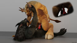 3d_(artwork) absurd_res anthro antlers bjelka_(scoota) blender_(disambiguation) blizzard_entertainment bovid bovine breasts canid digital_media_(artwork) ears_back eye_contact female fur genitals gideon_(scoota) hair hi_res hooves horn invalid_tag knot looking_at_another male mammal paws penis pivoted_ears scoota tauren video_games warcraft were werecanid worgen