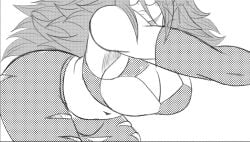 android_21 arm_gloves bent_over bulge bulge_through_clothing bulge_under_clothes cleavage cleavage_cutout cock cropped_jacket dark_hair dick dickgirl dragon_ball dragon_ball_fighterz futanari glasses pantyhose penis ripped_clothing ripped_pantyhose round_glasses screentone thighs trans_woman