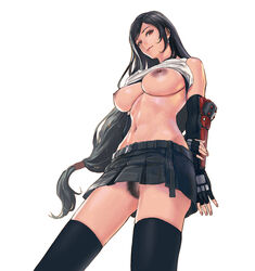 bare_shoulders belt black_gloves black_hair black_legwear breasts dark_nipples elbow_gloves eyebrows_visible_through_hair female female_pubic_hair final_fantasy final_fantasy_vii fingerless_gloves from_below gloves highres long_hair looking_at_viewer navel nipples no_panties pubic_hair red_eyes shirt_lift simple_background skirt smile solo tank_top thighhighs tifa_lockhart very_long_hair white_background zjl_baiqishi