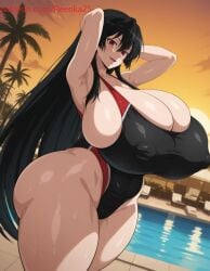 1girls ai ai_generated akame_(akame_ga_kill!) akame_ga_kill! big_ass big_breasts black_hair black_swimsuit breasts competition_swimsuit dratvan_(style) erect_nipples hands_behind_head hotel huge_ass huge_breasts hyper_breasts long_hair one-piece_swimsuit open_mouth outdoors patreon patreon_username pool red_eyes red_stripes reenka25 resort smile sunset swimsuit thick thick_ass thick_thighs very_long_hair