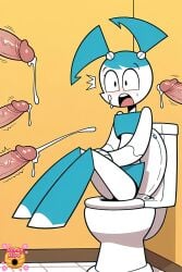 ai_generated arms_down artist_logo bathroom blue_hair blue_skirt bukkake cfnm clothed_female_nude_male crop_top cropped_shirt cum cum_on_face cumming cumshot facial fully_clothed hard_cock hard_on hard_penis high_resolution highres hunnyhive(artist) jenny_wakeman legs_up nickelodeon open_mouth penis robot robot_girl shaking_lines shaking_penis sitting sitting_on_toilet skirt surprised surprised_expression surrounded_by_penises thighs toilet twintails twintails_(hairstyle) twitching twitching_penis xj-9