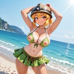 ai_generated armpits arms_up beach belly_button blonde_hair blush blush_stickers brown_eyes dance fang_out goombella hands_behind_head hawaiian large_breasts mario_(series) nintendo ocean_background paper_mario paper_mario:_the_thousand-year_door pink_nipples ponytail sand see-through_bra short_skirt slim_waist smug sunny tanline tropical water white_skin