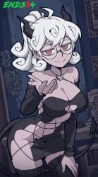 ai_generated bent_over demon_girl dress ends34 female female_only glasses helltaker horns pandemonica_(helltaker) red_eyes sexy_pose tail white_hair