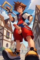 1boy ai_generated balls blue_eyes bodysuit brown_hair clothed clothing disney erection jacket keyblade kingdom_hearts male male_only penis penis_out penis_through_fly solo sora sora_(kingdom_hearts) spiked_hair spiky_hair square_enix standing testicles video_games village