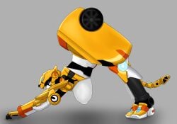 ass ass_up breasts breasts_out brushbyter cat_tail catgirl cheetah cheetah_girl mecha mecha_focus mecha_girl metal_cardbot robot robot_girl robot_humanoid robotic_arm stretching tachi_(metal_cardbot) tachy_(metal_cardbot) yellow_body yoruichi_pose