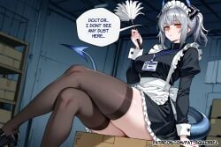 ai_assisted ai_generated arknights black_thighhighs crossed_legs english_text expressionless fatest_squirrel feather_duster frilled_skirt grey_hair horns id_card liskarm_(arknights) looking_at_viewer mature_female medium_breasts orange_eyes short_ponytail sitting_on_box tail thick_thighs wide_hips