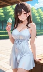 ai ai_generated brown_hair bulge_through_clothing cute futanari ice_cream original_character red_eyes smiling_at_viewer white_gown