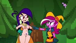 2girls :d aqua_gloves belt black_gloves black_jacket blue_hair bottomless breasts cape circlet cleft_of_venus clenched_hands clothed_female_nude_female clothing colored_skin cowboy_shot cropped_jacket dress earrings eye_contact eyeshadow female female_pubic_hair forest gloves grass green_gloves hairband half-closed_eyes hand_on_own_hip hands_on_own_hips hat headband hoop_earrings jacket jewelry lipstick long_hair looking_at_another makeup medium_breasts mighty_magiswords multicolored_hair multiple_girls naked_cape naked_cloak nature navel nipples nude open_clothes open_jacket open_mouth outdoors outstretched_arm pink_skin pointing pointing_at_another pointy_ears pointy_footwear pubic_hair purple_hair purple_skin pussy red_eyes short_dress short_sleeves small_breasts smile sparse_pubic_hair standing steca stomach streaked_hair teeth thelazyart tree two-tone_hair vambre_warrior white_hair white_headband witch_hat yellow_cape yellow_dress yellow_gloves yellow_hairband yellow_headwear yellow_sclera