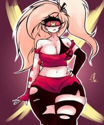 cherri_bomb cherri_bomb_(hazbin_hotel) edworld hazbin_hotel one_eye pale-skinned_female pale_skin tattoo tattooed_arm tattoos thick_thighs torn_clothes torn_clothing