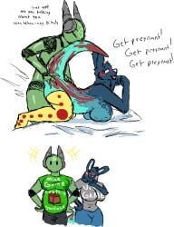 1boy 1boy1girl 1girls antennae_(anatomy) blush blushing boobs breasts chubby chubby_male duo enot_(rain_world) facial_markings forehead_mark funny get_pregnant_(meme) green_body green_skin inv_(rain_world) iterator_(rain_world) male moobs no_significant_harassment_(rain_world) overweight overweight_male rain_world robot robot_boy robot_humanoid slightly_chubby sweat sweaty text thick_legs thick_thighs thigh_highs thrusting thrusting_into_pussy welcometaco