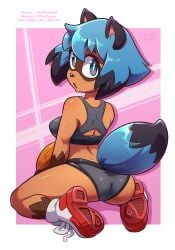 2026 anthro artist_logo artist_name athletic_wear back_groove ball basketball_(ball) black_body black_bra black_clothing black_fur black_highlights black_sports_bra black_underwear blue_body blue_fur blue_hair bottomwear bra brand_new_animal breasts brown_body brown_fur canid canine clothed clothed_anthro clothed_female clothing dipstick_tail eyelashes female footwear fur gym_bottomwear hair hi_res highlights_(coloring) kneeling logo looking_at_viewer looking_back looking_back_at_viewer mammal markings michiru_kagemori multicolored_body multicolored_clothing multicolored_footwear multicolored_fur multicolored_hair multicolored_shoes open_mouth panties raccoon_dog red_clothing red_footwear red_shoes shoes solo sports_bra sports_panties studio_trigger tail tail_markings text the_other_half two_tone_clothing two_tone_footwear two_tone_hair two_tone_shoes underwear underwear_outline white_clothing white_footwear white_shoes