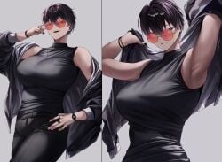 1girls absurdres armpits black_hair black_jacket black_nails black_pants black_shirt breasts commentary ear_piercing earrings female female_only glasses gradient_hair hair_between_eyes highres jacket jewelry large_breasts long_sleeves may_(ulularts) multicolored_hair multiple_views necklace open_mouth orange-framed_eyewear original pants piercing round_eyewear shirt short_hair smile streaked_hair symbol-only_commentary teeth ulularts very_short_hair watch white_hair wristwatch