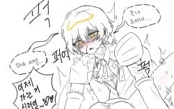 1boy 1boy1girl 1girls armor blonde_hair bloodfiend blush bottomless breasts brooch clothed_sex clothing dialogue don_quixote_(limbus_company) gloves korean_text la_manchaland_(identity)_(project_moon) limbus_company monochrome pov project_moon sancho sex shiram_(artist) simple_background sinclair_(limbus_company) speech_bubble text thrusting translation_request vaginal_penetration yellow_eyes