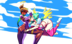 blush brown_hair dark-skinned_female green_eyes green_hair groove1121 halo horn rika_dimensional_ninja sucking_nipples torn_clothes wings