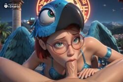 1boy 1boy1girl 1girls 20th_century_fox 20th_century_studios ai_generated armlet bikini blowjob blue_bikini blue_nails blue_sky_studios breasts erection feathered_wings fellatio female glasses green_eyes hi_res linda_gunderson lips male_pubic_hair mask_on_head medium_breasts nail_polish night oral outdoors palm_tree penis pov pubic_hair r34arts red_hair rio_(series) short_hair solo_focus straight swimsuit uncensored veins wings