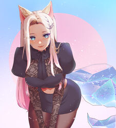 1girls ahri blue_eyes candyclysm facial_markings female female_only fox_ears k/da_ahri k/da_series large_breasts league_of_legends long_hair tail