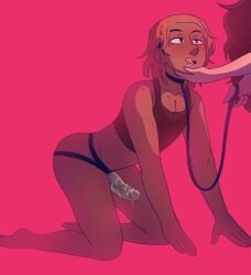 all_fours big_butt bondage brown_hair butt_up dakota_(the_rock_cocks) dildo dog_collar doggy_style dominant_female domination elizabeth_santos faceless_female leash leash_and_collar leslie_brown licking licking_lips long_hair looking_at_partner orange_hair pink_background pussy_juice pussy_juice_drip saliva saliva_on_face smiling_at_partner strap-on strapon submissive_male the_rock_cocks tongue tongue_out transgender_male transgender_man transmasc wet_dildo