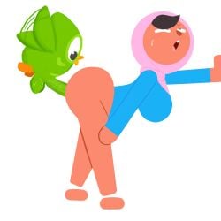 1boy anthro anthro_on_human anthro_penetrating anthro_penetrating_female anthro_penetrating_human avian bird blush doggy_style duo_(duolingo) duolingo female green_feathers highres human human_penetrated melonmiloc muslim muslim_female pink_hijab sweat sweaty tanned_female tanned_skin thick_thighs tongue tongue_out walking white_background yellow_eyes zari_(duolingo)
