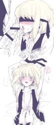 2boys after_oral androgynous bite_mark blindfold blindfolded blonde_hair blush clothing cum cum_on_face embarrassed femboy galo_thymos gay gay_sex heart-shaped_pupils lio_fotia male monochrome opening_shirt petite petite_body petite_male pov promare slim slim_male slim_waist tied_up twink yaoi
