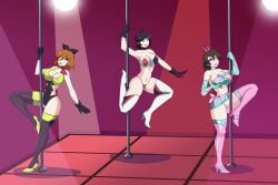 3girls absurdres big_breasts black_hair blush bottomless braless breasts brown_hair bubble_butt dancing dlobo777 female_only femsub groping groping_breast groping_own_breast hand_on_breast hand_on_own_breast happy happy_female happy_sex happy_trance hard_nipples high_heels huge_breasts hypnosis large_breasts multiple_girls nipple_slip no_bra_under_clothes nude pole_dancing pussy skimpy_clothes skimpy_costume spiral_eyes spotlight standing_split stripper symbol_in_eyes thick_thighs thighhighs topless yoga