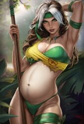 1girls absurd_res absurdres anna_marie arm_up armpit armpits athletic athletic_female belly big_belly big_breasts bikini bikini_bottom bikini_top bra breasts brown_hair busty child_bearing_hips cleavage clothed clothed_female clothing collarbone dandon_fuga dappled_sunlight female fingernails grass green_bikini green_bikini_bottom green_bra green_clothes green_clothing green_eyes green_hairband green_panties green_underwear headband high_resolution highres hips holding_spear holding_weapon huge_belly jungle jungle_background large_belly large_breasts leaf light-skinned_female light_skin long_hair looking_at_viewer marvel marvel_comics marvel_rivals muscular muscular_female mutant mutant_(marvel) nail_polish navel necklace one_arm_up outdoors outside panties perky_breasts plants pose posing pregnancy pregnant pregnant_belly pregnant_female ripped_clothing ripped_shirt rogue_(marvel_rivals) rogue_(savage_land) rogue_(x-men) round_belly savage_land shaved_armpit shaved_armpits shirt slim_girl slim_waist solo solo_female solo_focus spear superhero superheroine thick_thighs thigh_strap thighs toned_body toned_stomach torn_clothing torn_shirt trees two_tone_hair underwear very_high_resolution white_hair white_streak x-men yellow_clothing yellow_shirt