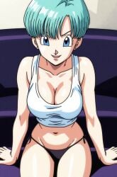 ai_generated anime bikini_bottom blue_eyes bob_cut bulma_briefs couch couch_sitting dragon_ball dragon_ball_z sexy sitting tank_top teal_hair