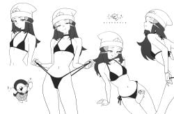 1girls cool_hat dawn_(pokemon) female highres looking_at_viewer monochrome otokakoto piplup pokemon pose posing thong