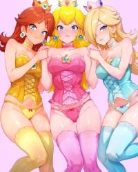 3girls artist_request bare_shoulders big_breasts blonde blonde-haired_female blonde_female blonde_hair blonde_hair_female blue-eyed_female blue_bow blue_bow_panties blue_corset blue_eyes blue_eyes_femalee blue_panties blue_panty_bow blue_thighhighs bow bow_panties breasts brown-haired_female brown_hair brown_hair_female choker closed_mouth collarbone corset crown earrings female female_only flower_earrings holding_hands jewelry lips lipstick long_hair looking_at_viewer mario_(series) medium_breasts multiple_girls nintendo panties pink_background pink_bow pink_bow_panties pink_corset pink_lipstick pink_panties pink_panty_bow pink_thighhighs princess_daisy princess_peach princess_rosalina rosalina simple_background skindentation smile thighhighs thighs underwear yellow_bow_panties yellow_corset yellow_panties yellow_thighhighs