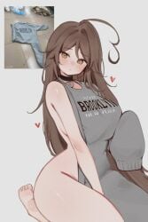 1girls ahoge blush breasts brooklyn_sweater brown_hair collar female_focus female_only heart large_breasts long_hair looking_at_viewer meme meme_attire meme_clothing on_knees sideboob simple_background sky_(skyaboveme) skyaboveme solo solo_female sweater white_background