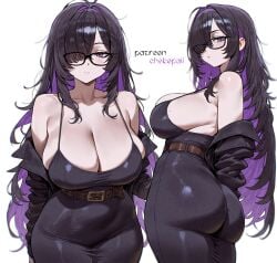 1girls ai_generated artist_name ass black_dress black_hair black_jacket breasts chokopaii cleavage colored_inner_hair commentary_request curvy dress female female_only glasses goddess_of_victory:_nikke hair_over_one_eye highres jacket label_(nikke) large_breasts long_hair looking_at_viewer mole mole_on_breast multicolored_hair multiple_views open_clothes open_jacket purple_eyes purple_hair sideboob simple_background sleeveless sleeveless_dress tight_clothes tight_dress white_background