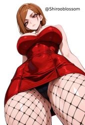 ai_generated ass_visible_through_thighs bare_shoulders black_panties breasts brown_eyes brown_hair cameltoe cleavage covered_navel dress female fishnet_pantyhose fishnets from_below jujutsu_kaisen killthisloveai kugisaki_nobara large_breasts looking_at_viewer looking_down nobara_kugisaki panties pantyhose pinkveenom red_dress short_dress short_hair simple_background solo strapless strapless_dress thick_thighs thighs twitter_username underwear white_background