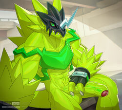 2021 3_fingers abs balls big_penis bodily_fluids bulkmon claws digimon digimon_(species) erection fingers foreskin genital_fluids genitals hi_res horn humanoid_genitalia humanoid_penis looking_at_viewer male muscular muscular_male nude penis precum precum_string pupils sitting slit_pupils solo todex uncut vein veiny_penis watermark