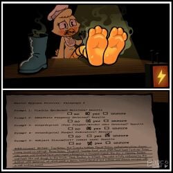 2026 3_toes absurd_res anthro avian barefoot bib bird black_border blarf022 blush boots boots_removed border chef_hat chica_(fazbear_&_friends) chica_(fnaf) chicken classic_chica_(fnaf) clothing embarrassed english_text fazbear_and_friends feet feet_up female five_nights_at_freddy's foot_focus foot_on_table footwear furniture galliform hat headgear headwear hi_res humanoid_feet musk phasianid plantigrade scottgames shoes shoes_removed smelly smelly_feet smelly_shoes soles solo table text toes