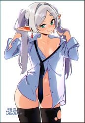 1girls artist_name black_legwear black_stockings black_thighhighs blush bottomless breasts elf_ears elf_female female female_only frieren green_eyes long_hair looking_at_viewer pointy_ears shirt_open small_breasts smile smiling_at_viewer snegovski solo sousou_no_frieren stockings striptease thighhighs tie torn_stockings twintails white_hair