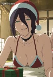 ai_generated alternate_costume anime anime_style bare_shoulders bikini black_choker black_hair blush box breasts chainsaw_man choker christmas cleavage collarbone female fur-trimmed_headwear fur_trim gift gift_box green_eyes hair_between_eyes hair_bun hat hentai hi_res indoors looking_at_viewer lying medium_breasts mystic_maidens on_stomach parted_lips patreon patreon_username red_bikini red_headwear reze_(chainsaw_man) santa_bikini santa_hat short_hair single_hair_bun smile solo swimsuit