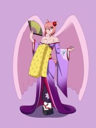 big_boobs big_breasts boobies cat_ears cat_girl catgirl dlobo777 flower_in_hair japanese_fan kimono oc original_character pink_hair purple_eyes sexy wings wink winking winking_at_viewer
