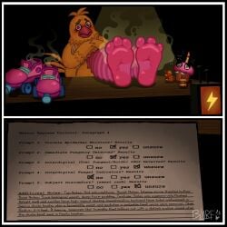 2026 3_toes absurd_res ambiguous_gender animate_inanimate anthro avian barefoot bird black_border blarf022 blush border chicken clothing cupcake_(fnaf) duo embarrassed english_text feet feet_up female female_focus five_nights_at_freddy's five_nights_at_freddy's:_secret_of_the_mimic five_nights_at_freddy's:_security_breach food food_creature foot_focus foot_on_table footwear fur furniture galliform hi_res looking_at_viewer musk party_time_chica_(fnaf) phasianid quad_skates roller_skates scottgames shoes_removed smell_profile smelly smelly_feet soles solo_focus spiral spiral_eyes steel_wool_studios stink_fumes stink_lines table text toes yellow_body yellow_fur