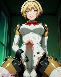 1futa ai_generated aigis_(persona) android blonde_hair breasts futa_only futanari headband huge_cock intersex masturbation medium_breasts motion_lines penis_focus persona_3 precum red_bow robot robot_girl robot_joints sailorgoonart short_hair smile smiling_at_viewer solo solo_female testicles x_username
