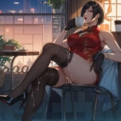 ada ada_wong ai_generated coffee_cup cum_on_body cum_on_lower_body high_heels kazeai legs_crossed red_lipstick resident_evil resident_evil_4 sitting stockings