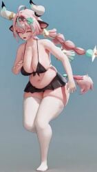 1girls 3d cowbell fat_ass genshin_impact horn micro_bikini obese okrakitty_(artist) pink_hair running struggling tagme thick_thighs thighhighs twintails varesa_(genshin_impact) video