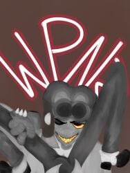 2boys bulge_down_leg bulge_through_clothing gunshow_(smg4_ship) monitor_head mr._puzzles mr._wpnz non-human non-human_head pinned_to_floor smg4 teasing toony tv_head tv_screen